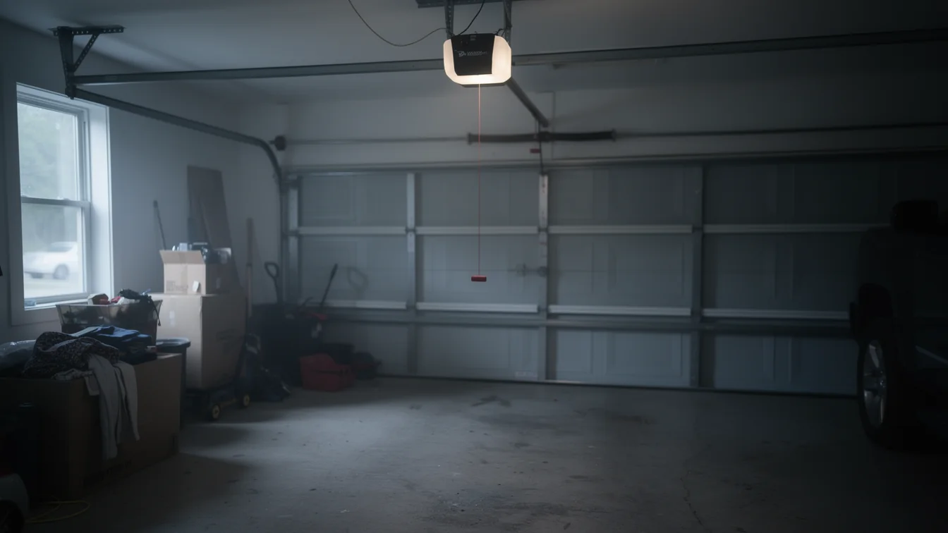A garage door opener with a light is mounted above a closed garage door.