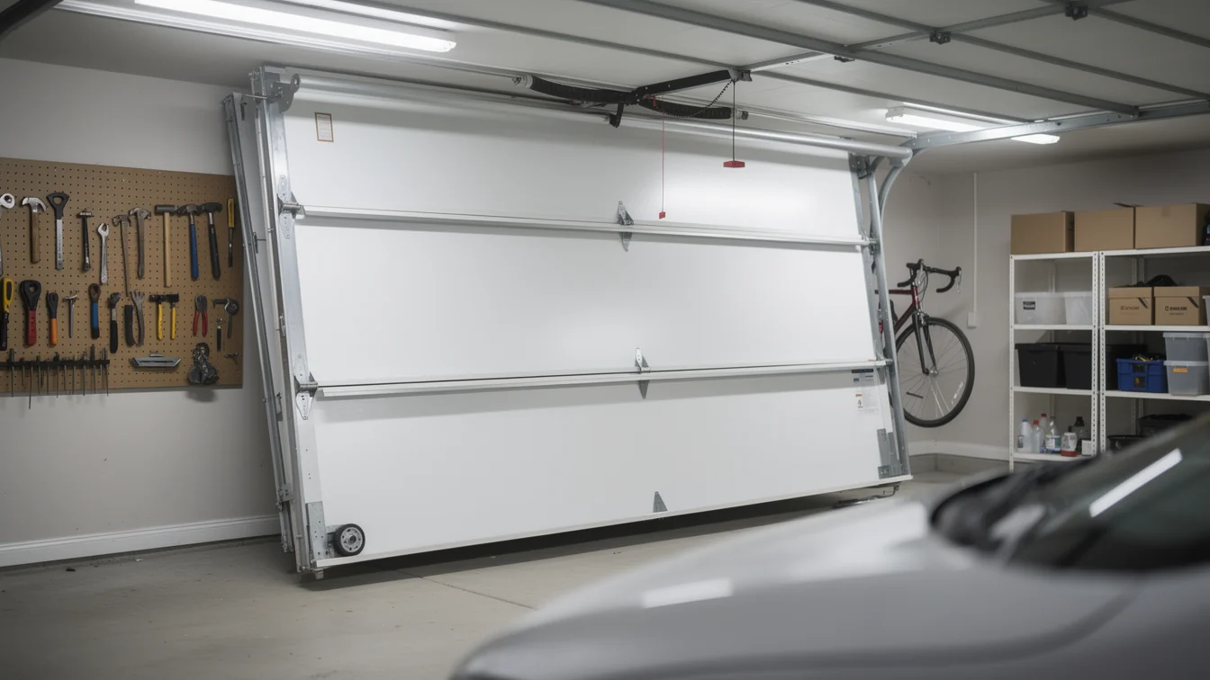 A white garage door is partially open inside a garage with tools on the wall.