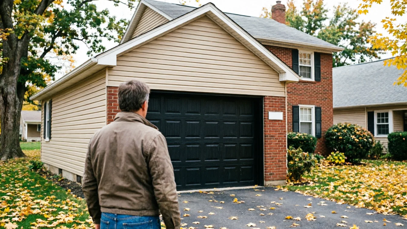 A man stands on a driveway looking at a black garage door on a brick house.