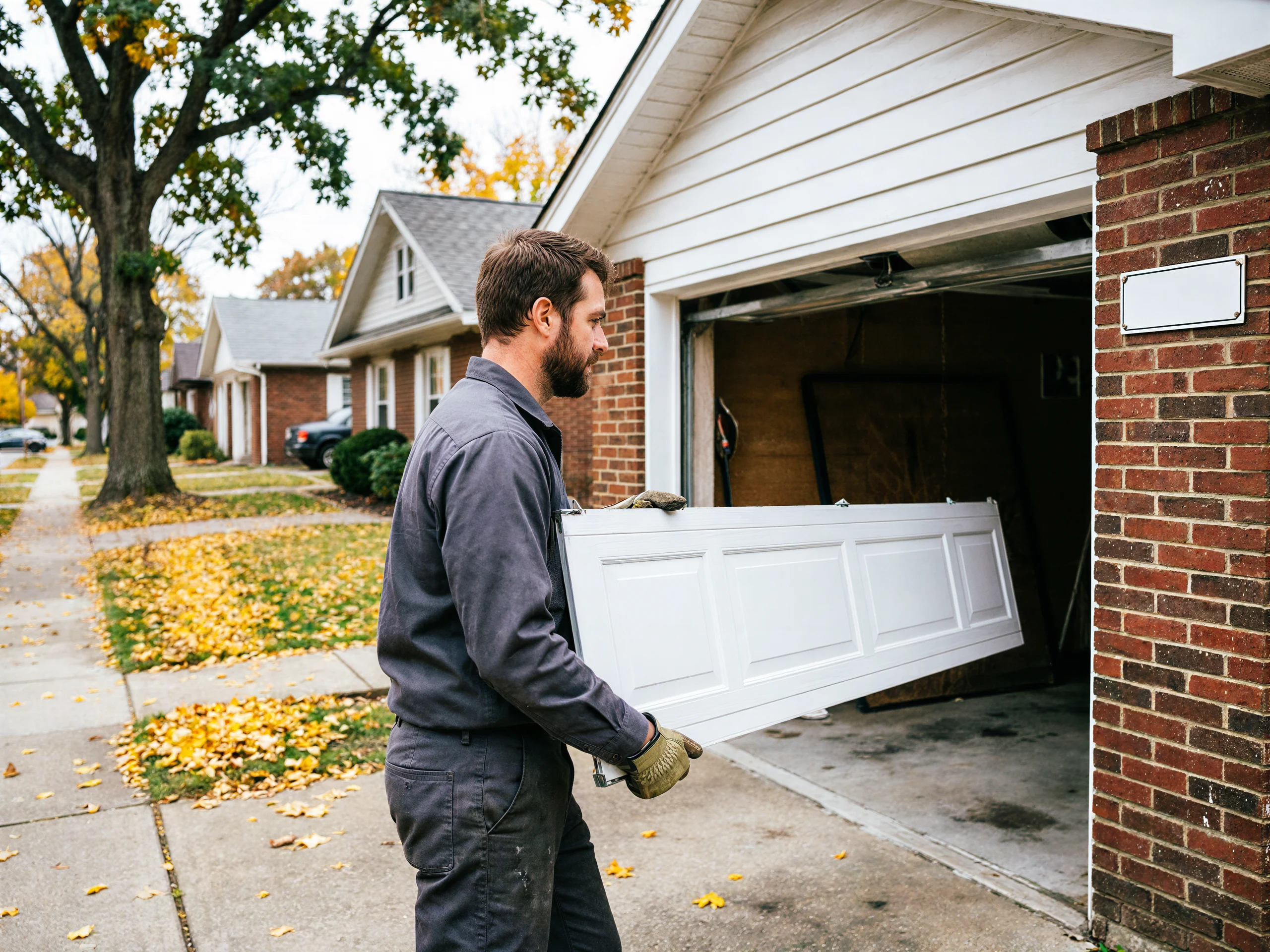 A technician carries a white garage door panel into a brick garage.