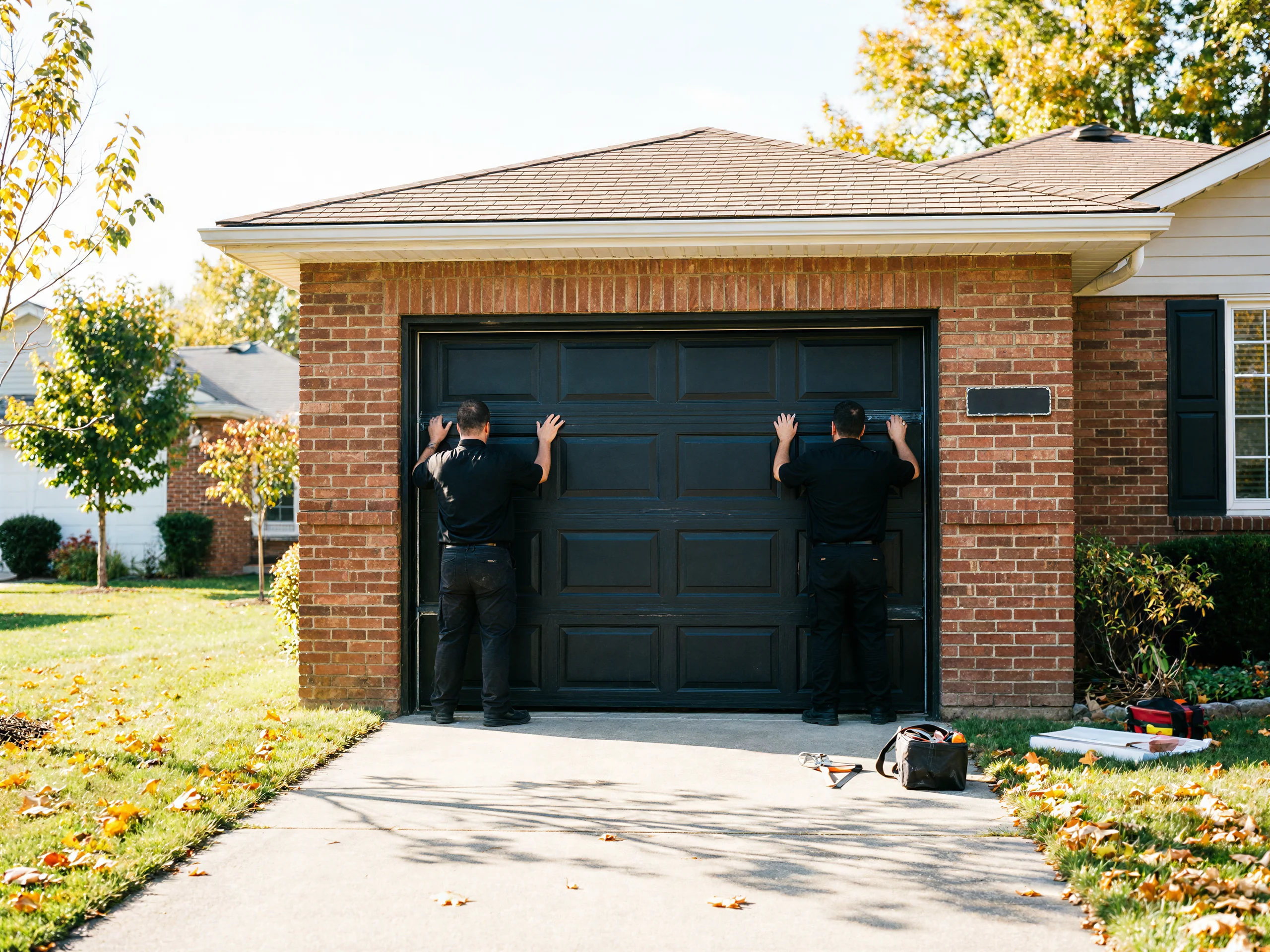 Two technicians work on a black garage door on a brick house.