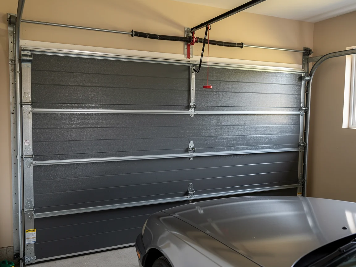 A gray garage door is closed with a torsion spring and opener visible above.