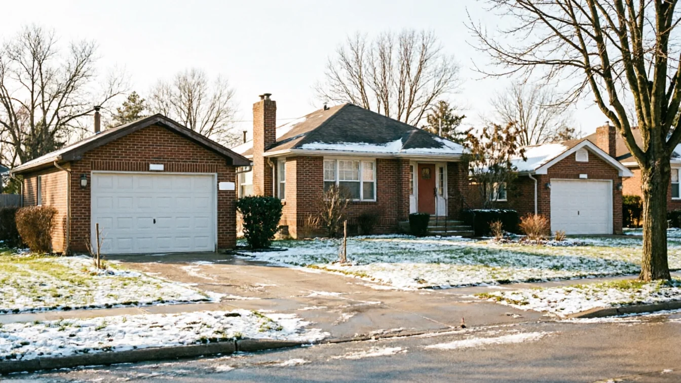 A brick house with a white garage door, a detached garage, and a separate garage.